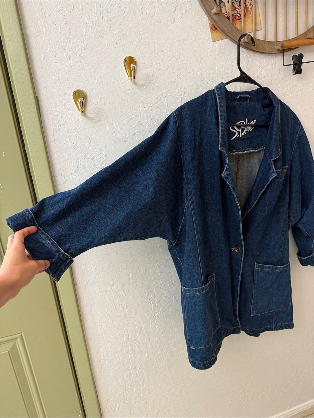 S. Blues Denim Chore Jacket Blazer 3/4 Sleeve Pockets Roll Cuff - Picture 3 of 10
